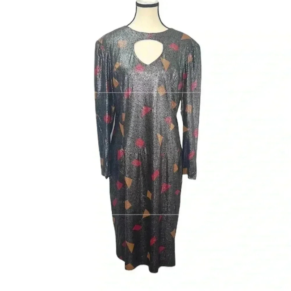 Vintage 1980’s‎ Geometric Print Dress Back Ruffles Front CutOut Drop Waist 14